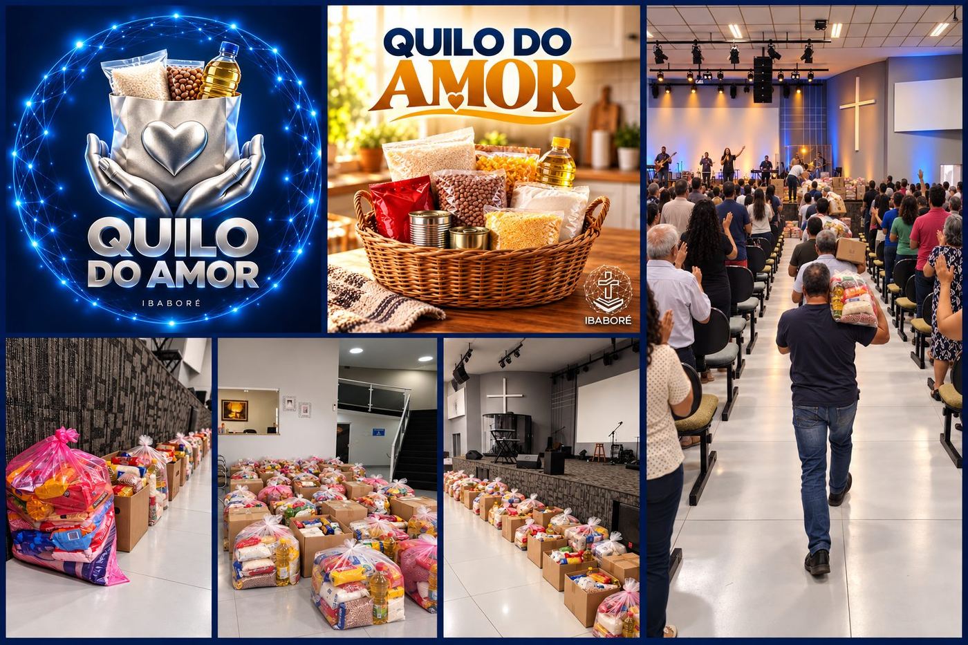 Montagem do Quilo do Amor com o logo, a cesta e fotos das cestas arrecadadas